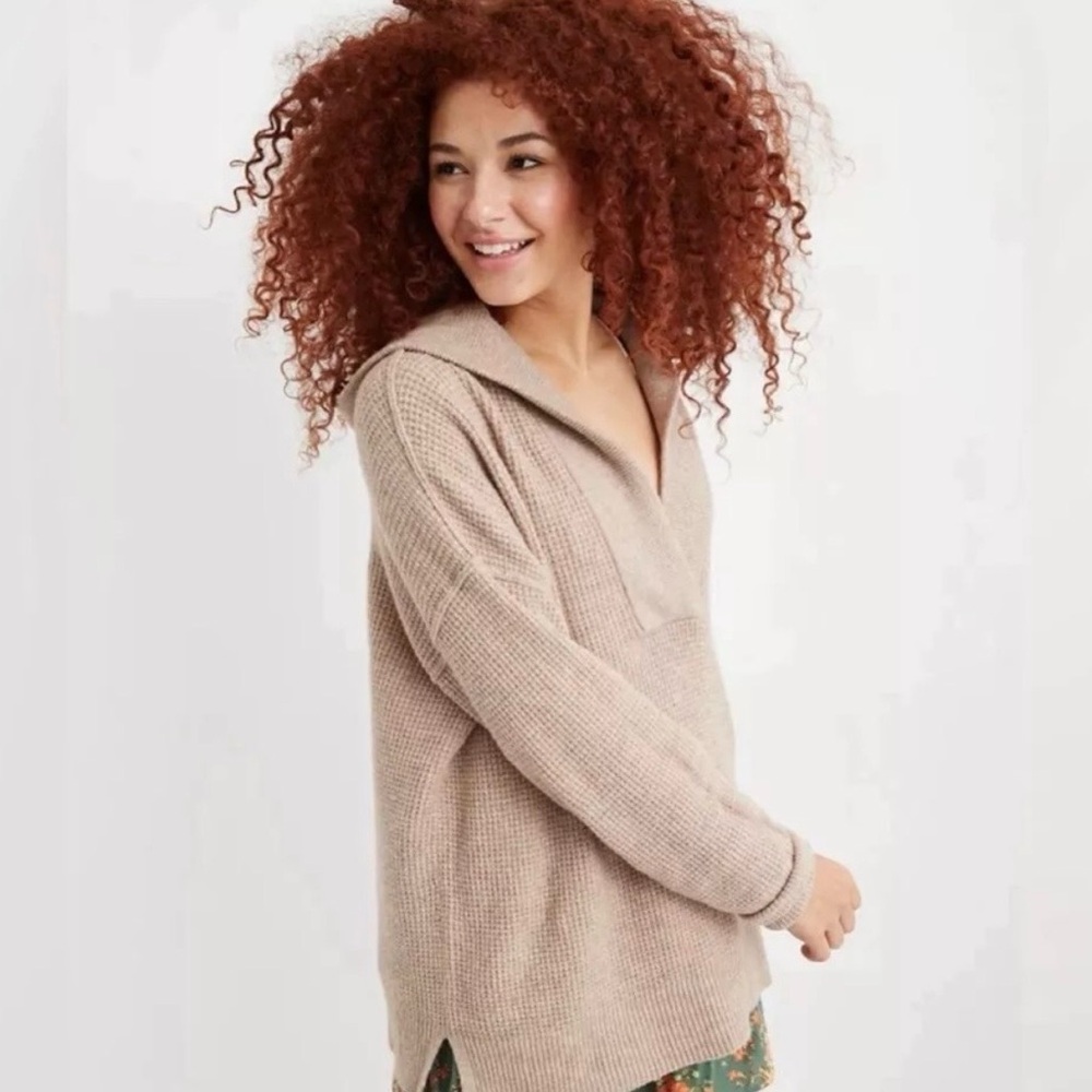 Aerie CozyUp Waffle Sweater Hoodie in Oatmeal Size Small